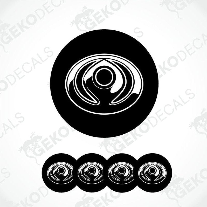 A set of four black vinyl decals with a polyurethane coating and a spiral design, branded for Mazda.