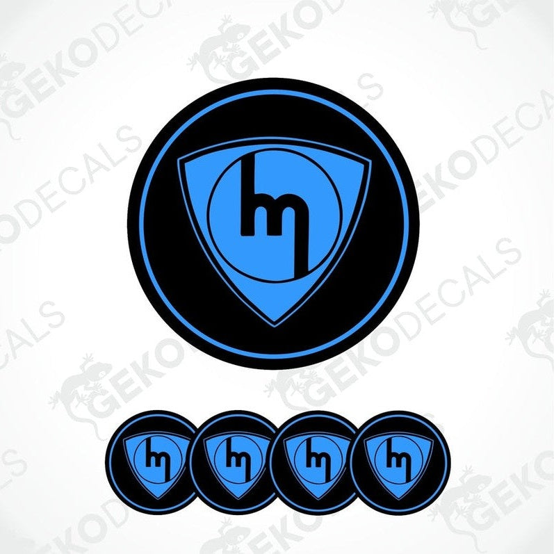 A set of four blue and black car decals with the MAZDA logo.