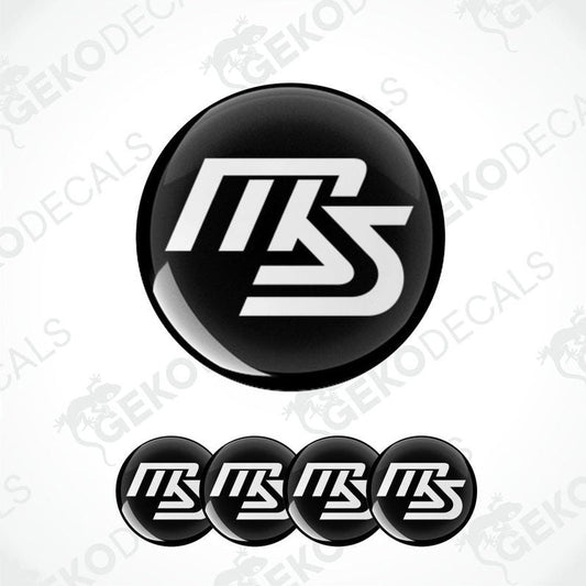 A set of four black and white vinyl decals with the MAZDASPEED logo.