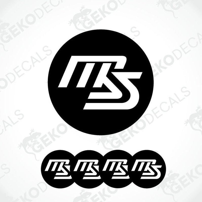 A set of four black and white vinyl decals with the MAZDASPEED logo.