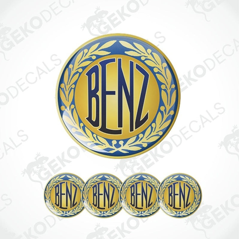 A set of four vinyl decals with 'MERCEDES BENZ' text, designed for use as car wheel caps.