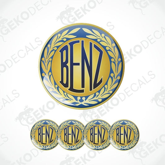 A set of four vinyl decals with 'MERCEDES BENZ' text, designed for use as car wheel caps.