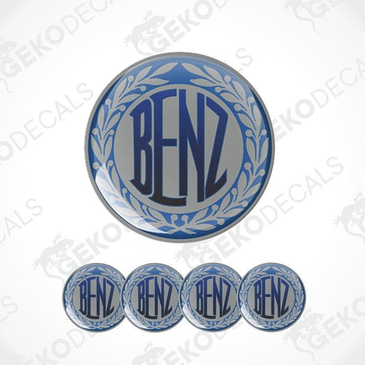 A set of four vinyl decals with 'MERCEDES BENZ' text, designed for use as car wheel caps.