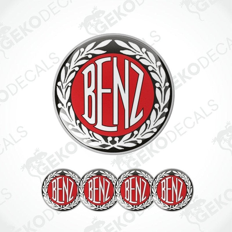 A set of four black and red vinyl stickers with the word 'MERCEDES BENZ' in a decorative font, designed for use as car decals.