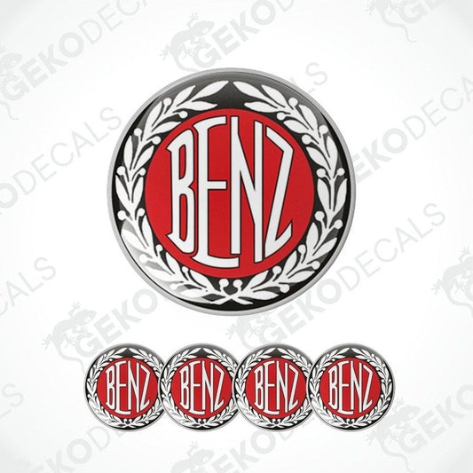 A set of four black and red vinyl stickers with the word 'MERCEDES BENZ' in a decorative font, designed for use as car decals.