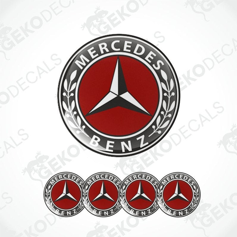 A set of four Mercedes-Benz branded vinyl stickers with a polyurethane coating.