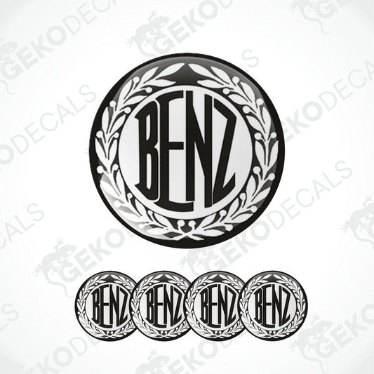 A set of four black vinyl stickers with the word 'MERCEDES BENZ' in a decorative font, designed for use as car decals.
