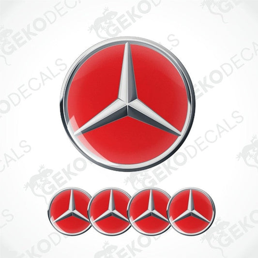 A set of four red and silver mercedes-benz emblem stickers with a polyurethane coating.