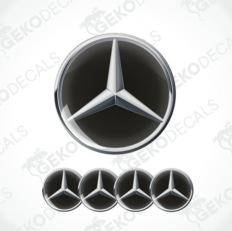 A set of five vinyl decals with a polyurethane coating, featuring the Mercedes-Benz star logo in black and silver color.