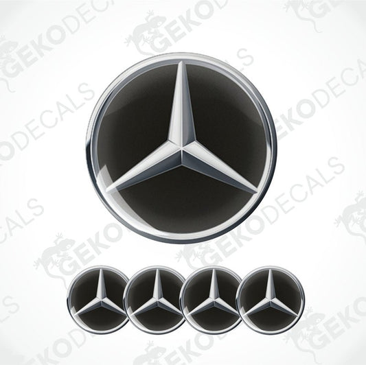 A set of five vinyl decals with a polyurethane coating, featuring the Mercedes-Benz star logo in black and silver color.