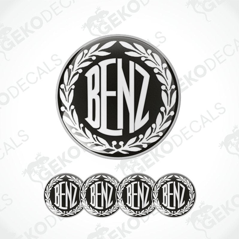 A set of four black vinyl stickers with the word 'MERCEDES BENZ' in a decorative font, designed for use as car decals.