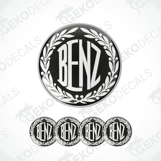 A set of four black vinyl stickers with the word 'MERCEDES BENZ' in a decorative font, designed for use as car decals.