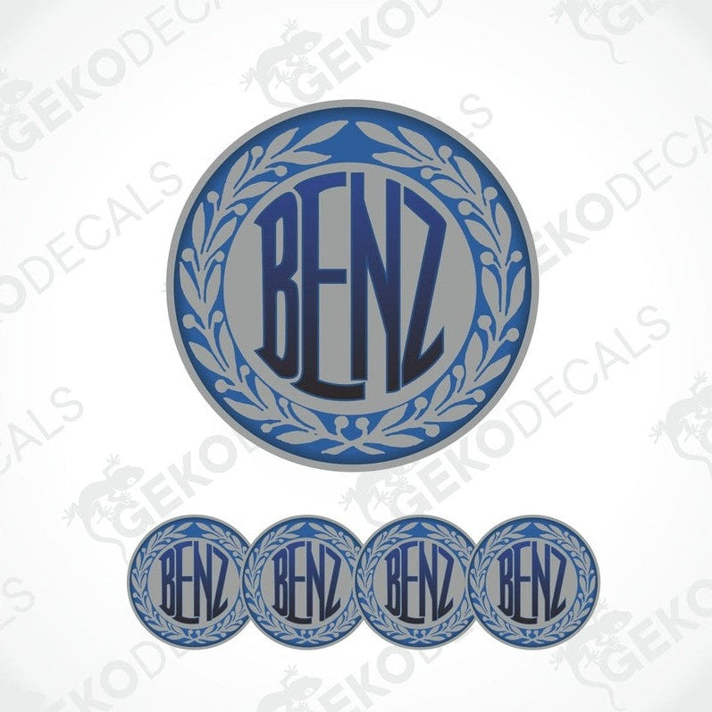 A set of four vinyl decals with 'MERCEDES BENZ' text, designed for use as car wheel caps.
