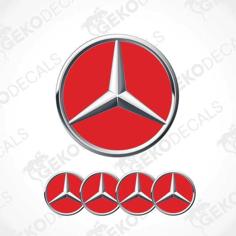 A set of four red and silver mercedes-benz emblem stickers with a polyurethane coating.
