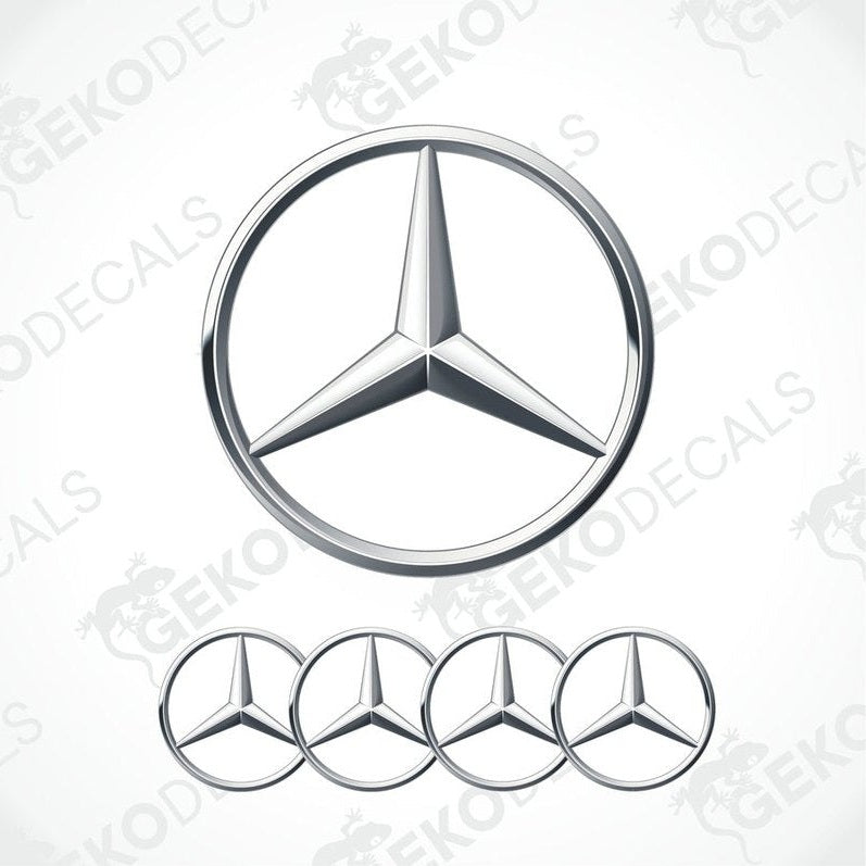 A set of four silver Mercedes-Benz emblem stickers with a polyurethane coating, displayed against a white background.