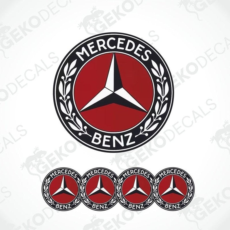 A set of four Mercedes-Benz branded vinyl stickers with a polyurethane coating.
