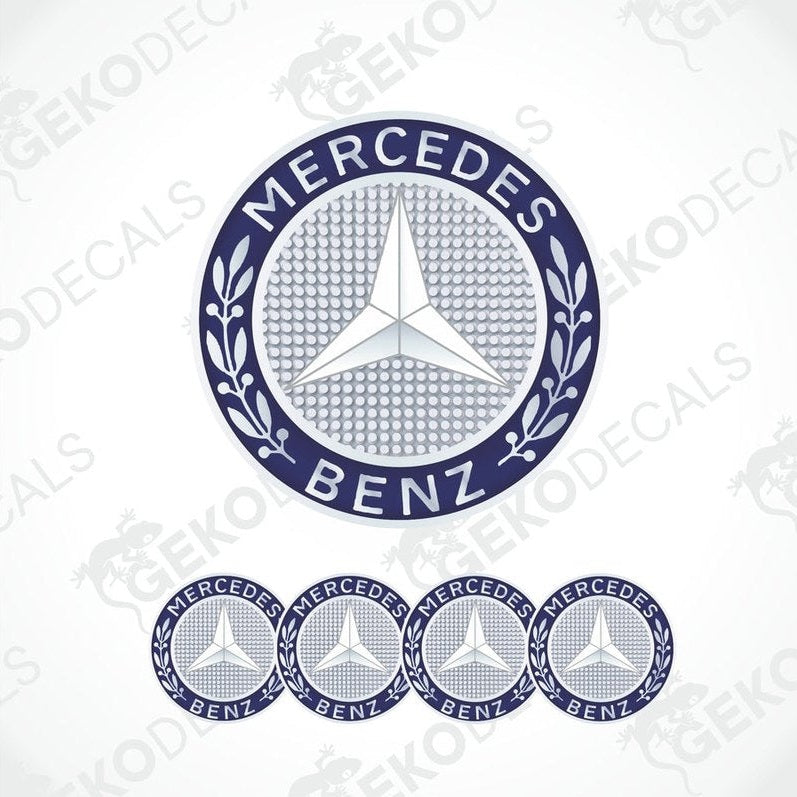 A set of four silver Mercedes-Benz branded vinyl stickers with a polyurethane coating, displayed against a white background.