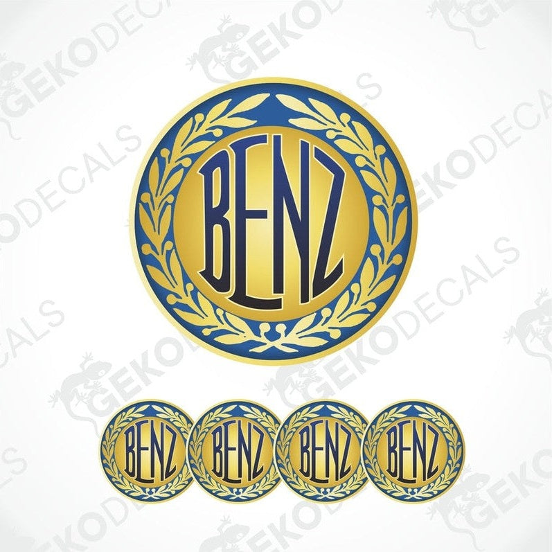A set of four vinyl decals with 'MERCEDES BENZ' text, designed for use as car wheel caps.