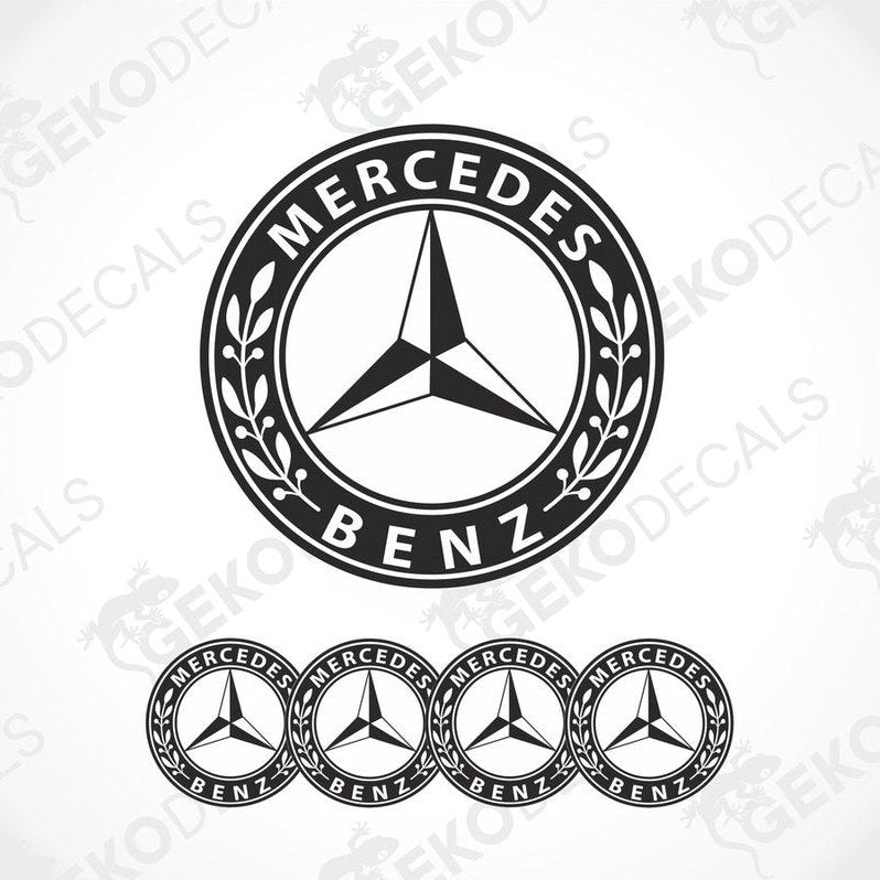 A set of four black and white vinyl decals with a polyurethane coating featuring the Mercedes-Benz star logo.