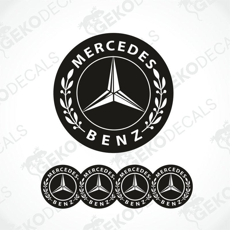 A set of four black vinyl stickers with the Mercedes-Benz logo, including a round emblem and four smaller rectangular stickers.