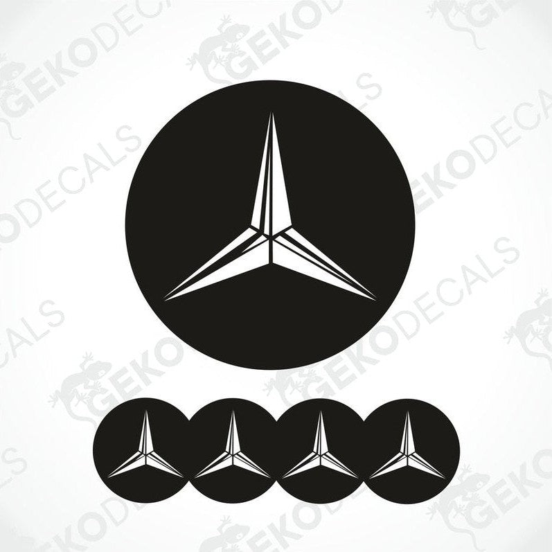 A set of four black and white vinyl stickers with a geometric design, including a prominent Mercedes-Benz logo.