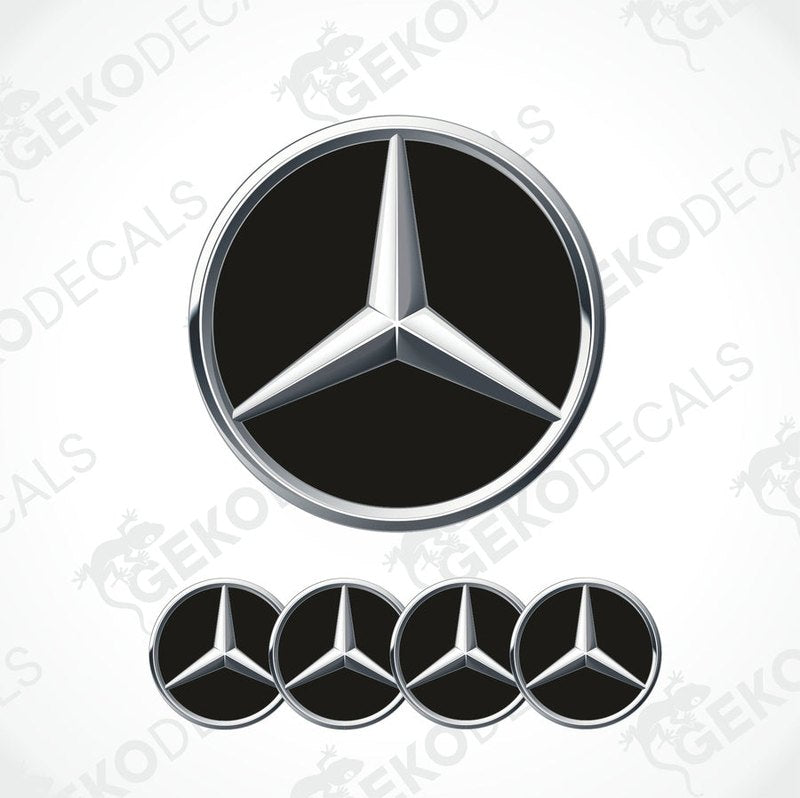 A set of five vinyl decals with a polyurethane coating, featuring the Mercedes-Benz star logo in black and silver color.