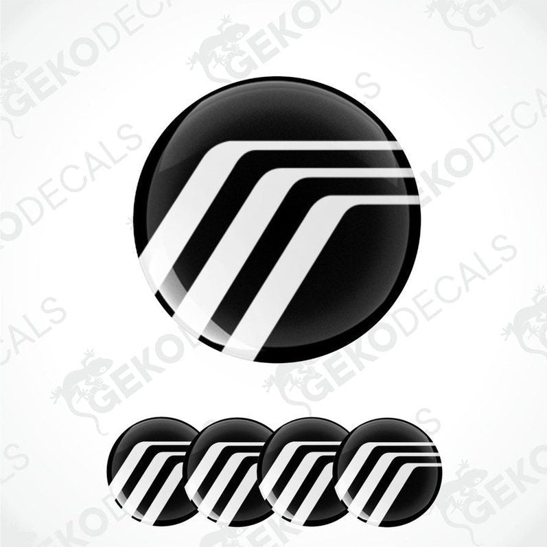 Set of four black and white polyurethane-coated vinyl stickers designed for use as car wheel covers. With MERCURY logo