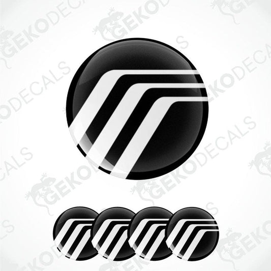 Set of four black and white polyurethane-coated vinyl stickers designed for use as car wheel covers. With MERCURY logo