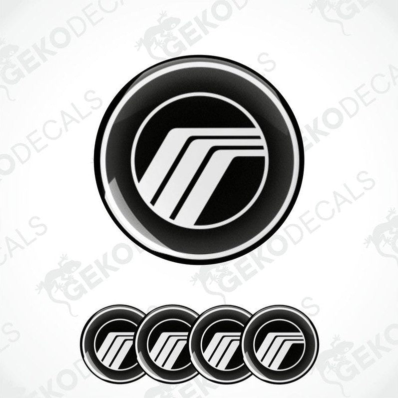 Set of four black and white polyurethane-coated vinyl stickers designed for use as car wheel covers. With MERCURY logo