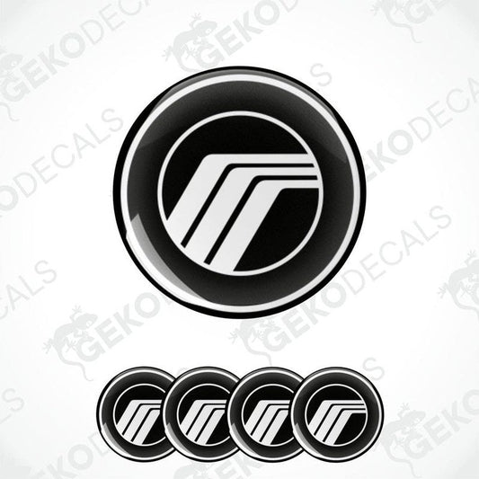 Set of four black and white polyurethane-coated vinyl stickers designed for use as car wheel covers. With MERCURY logo