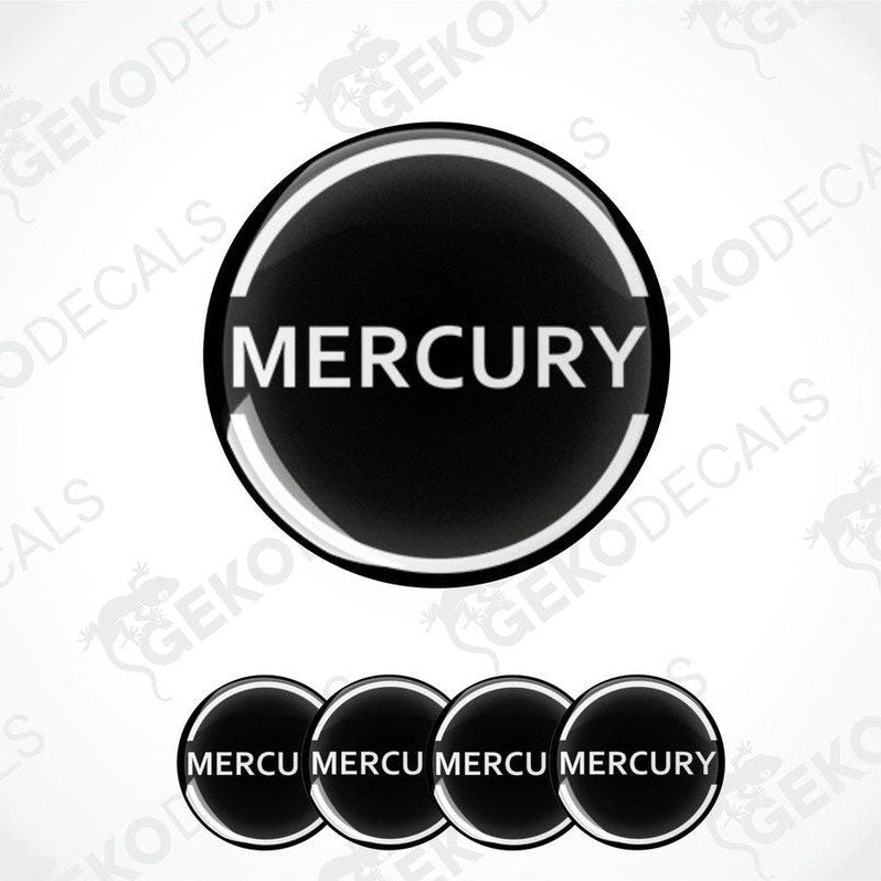 A set of four round black vinyl stickers with the word 'MERCURY' written in white.