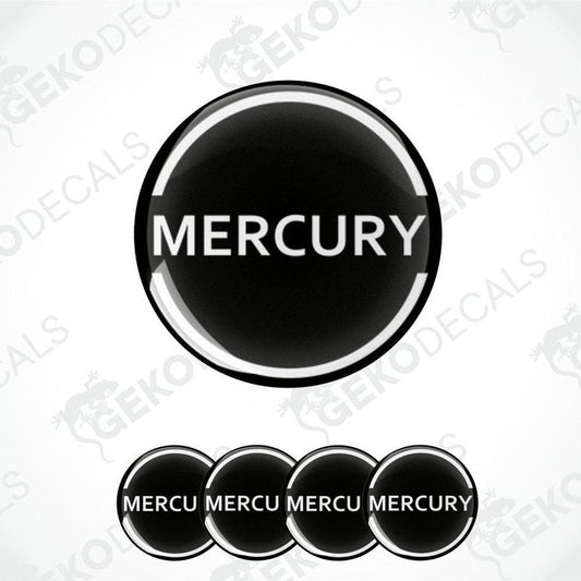 A set of four round black vinyl stickers with the word 'MERCURY' written in white.