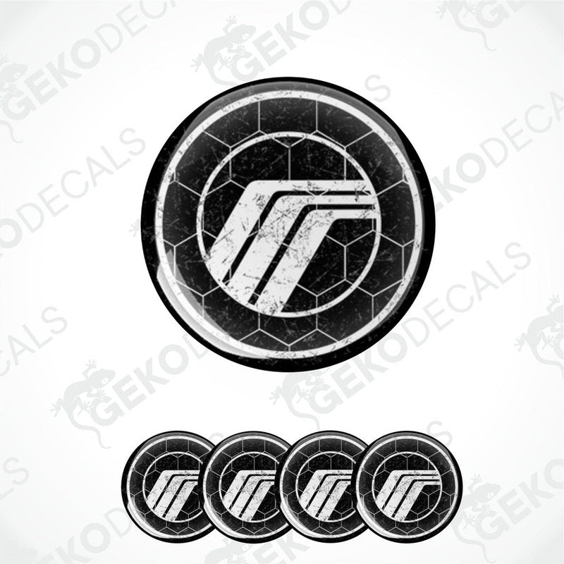 A set of four round black vinyl stickers with a white geometric design and the word 'MERCURY' on them.