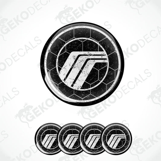 A set of four round black vinyl stickers with a white geometric design and the word 'MERCURY' on them.