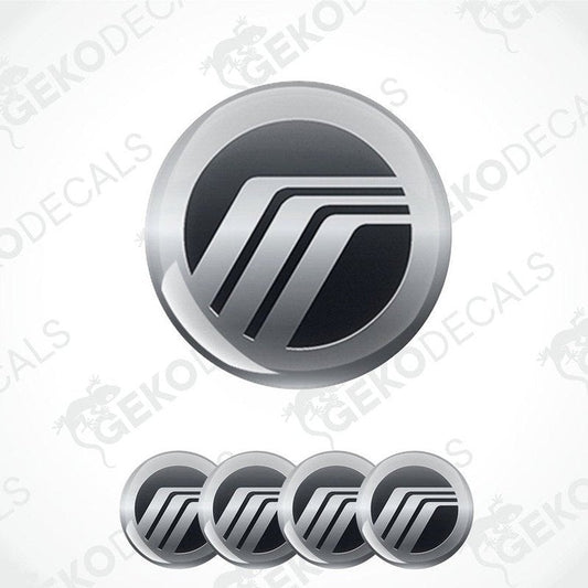 Set of four black and gray polyurethane-coated vinyl stickers designed for use as car wheel covers. With MERCURY logo