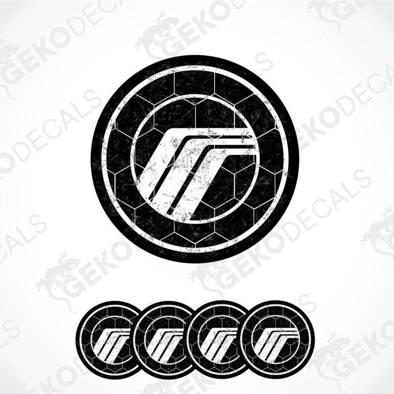 A set of four round black vinyl stickers with a white geometric design and the word 'MERCURY' on them.