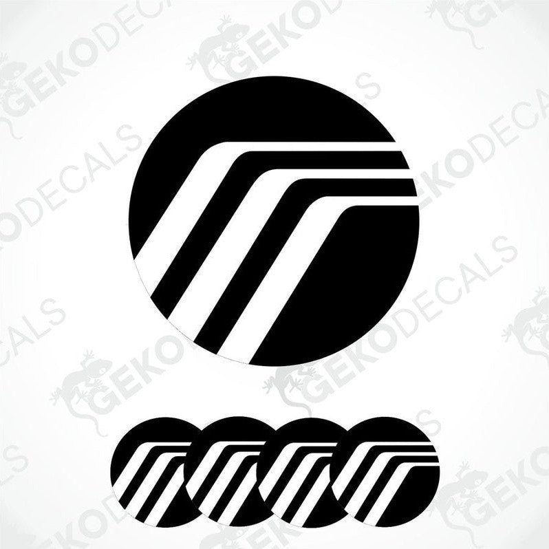 Set of four black and white polyurethane-coated vinyl stickers designed for use as car wheel covers. With MERCURY logo