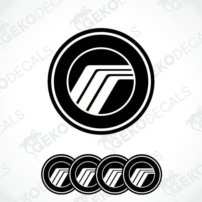 Set of four black and white polyurethane-coated vinyl stickers designed for use as car wheel covers. With MERCURY logo