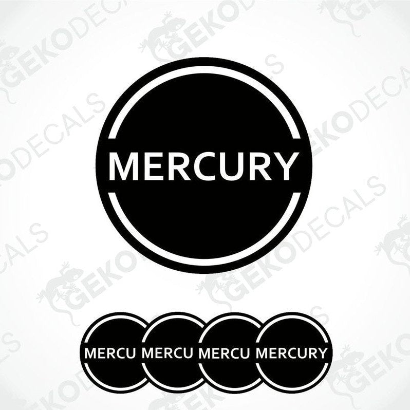 A set of four round black vinyl stickers with the word 'MERCURY' written in white.