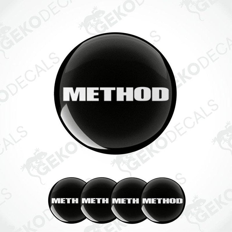 A set of four black vinyl stickers with the word 'METHOD' written in white.
