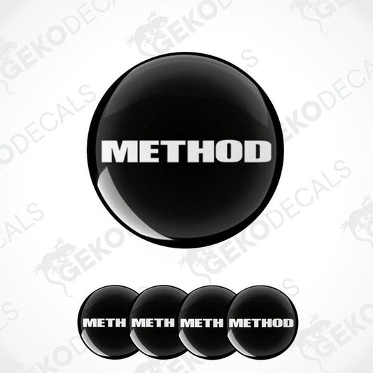 A set of four black vinyl stickers with the word 'METHOD' written in white.