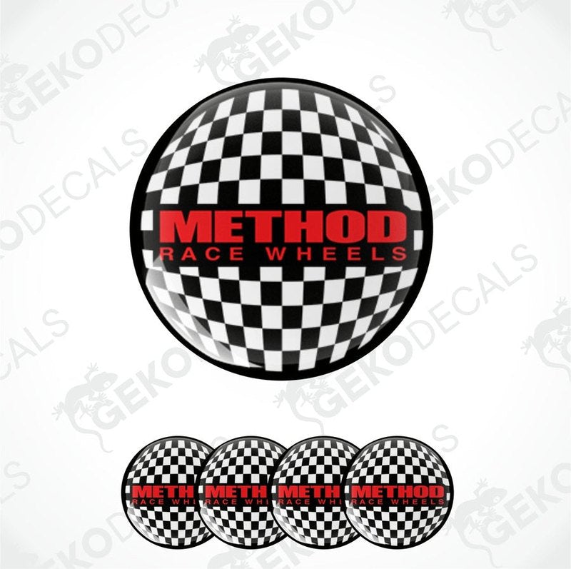 A set of four round vinyl stickers with a checkered pattern and the text 'METHOD RACE WHEELS' on them.