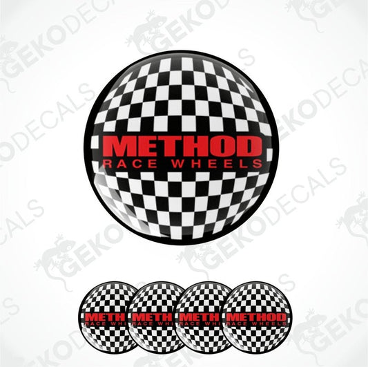 A set of four round vinyl stickers with a checkered pattern and the text 'METHOD RACE WHEELS' on them.