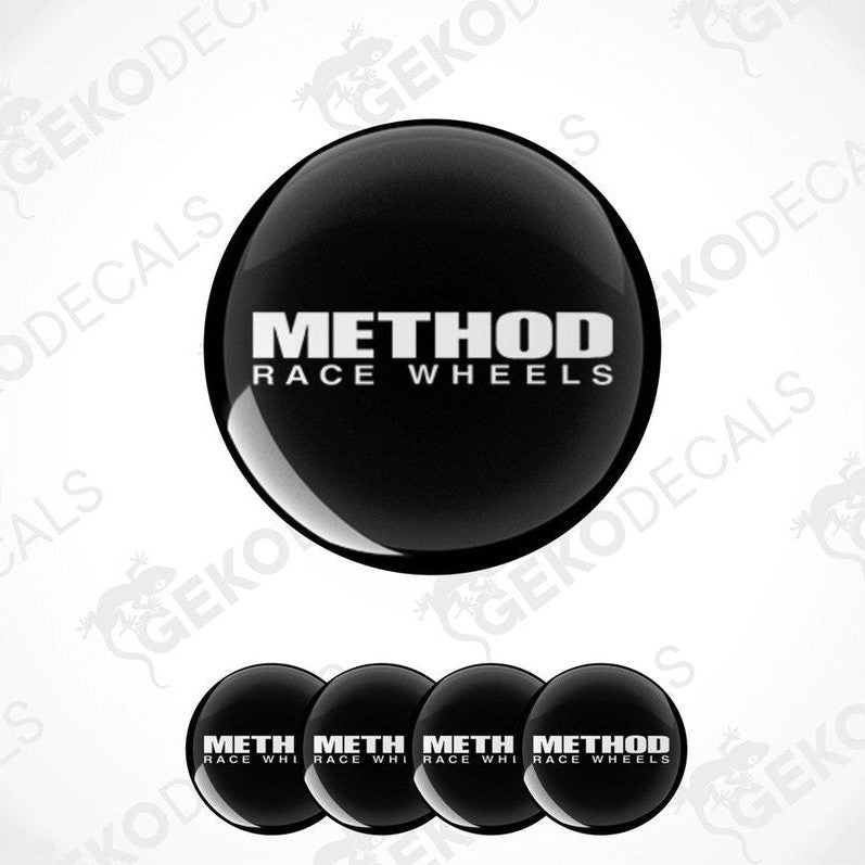 A set of four black vinyl stickers with the text 'METHOD RACE WHEELS' and a geometric pattern symbolizing wheel components.