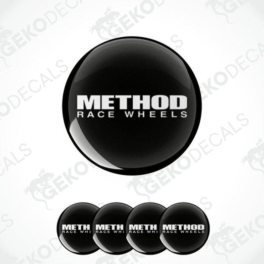A set of four black vinyl stickers with the text 'METHOD RACE WHEELS' and a geometric pattern symbolizing wheel components.
