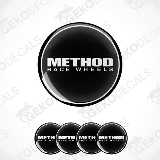 Set of four round vinyl decals with the text 'METHOD RACE WHEELS' in white on a black background.