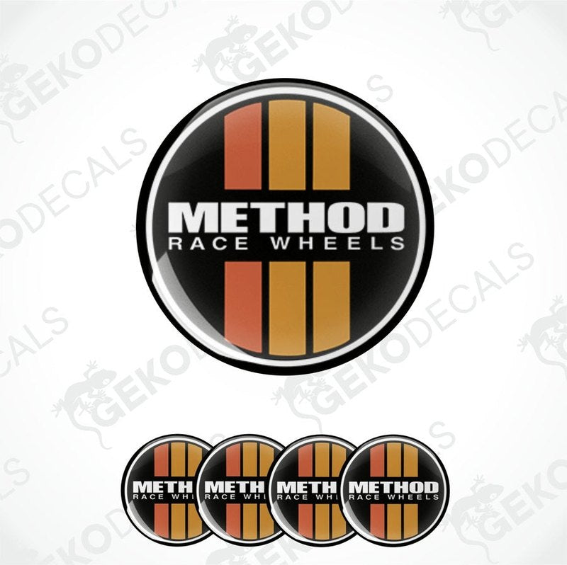 A set of four vinyl stickers with a geometric design featuring the text 'METHOD RACE WHEELS' in red and orange tones on a black background, displayed on a white background.