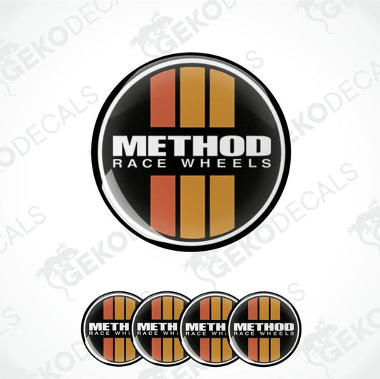 A set of four vinyl stickers with a geometric design featuring the text 'METHOD RACE WHEELS' in red and orange tones on a black background, displayed on a white background.