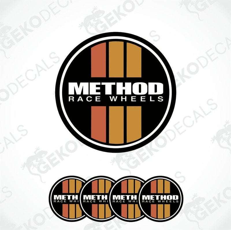 A set of four round vinyl stickers with a checkered pattern and the text 'METHOD RACE WHEELS' on them.