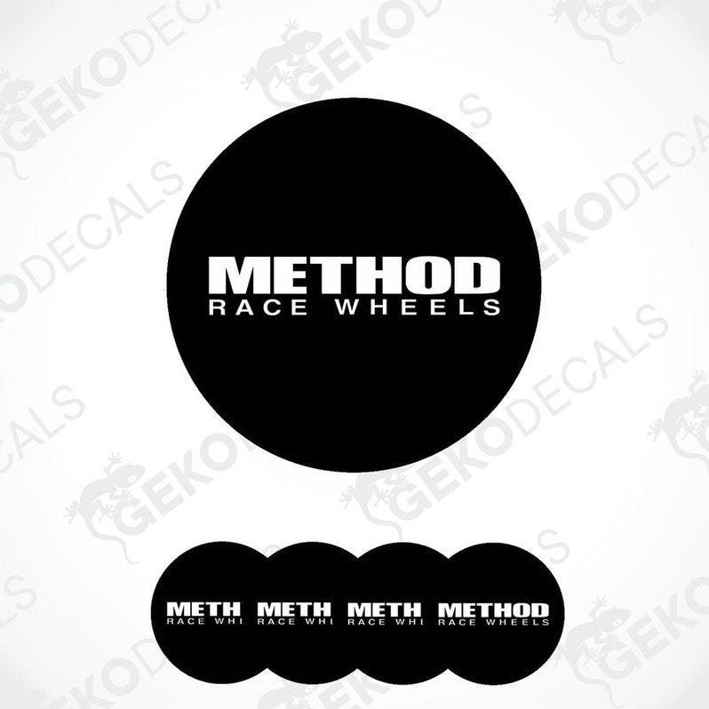 A set of four black vinyl stickers with the text 'METHOD RACE WHEELS' and a geometric pattern symbolizing wheel components.